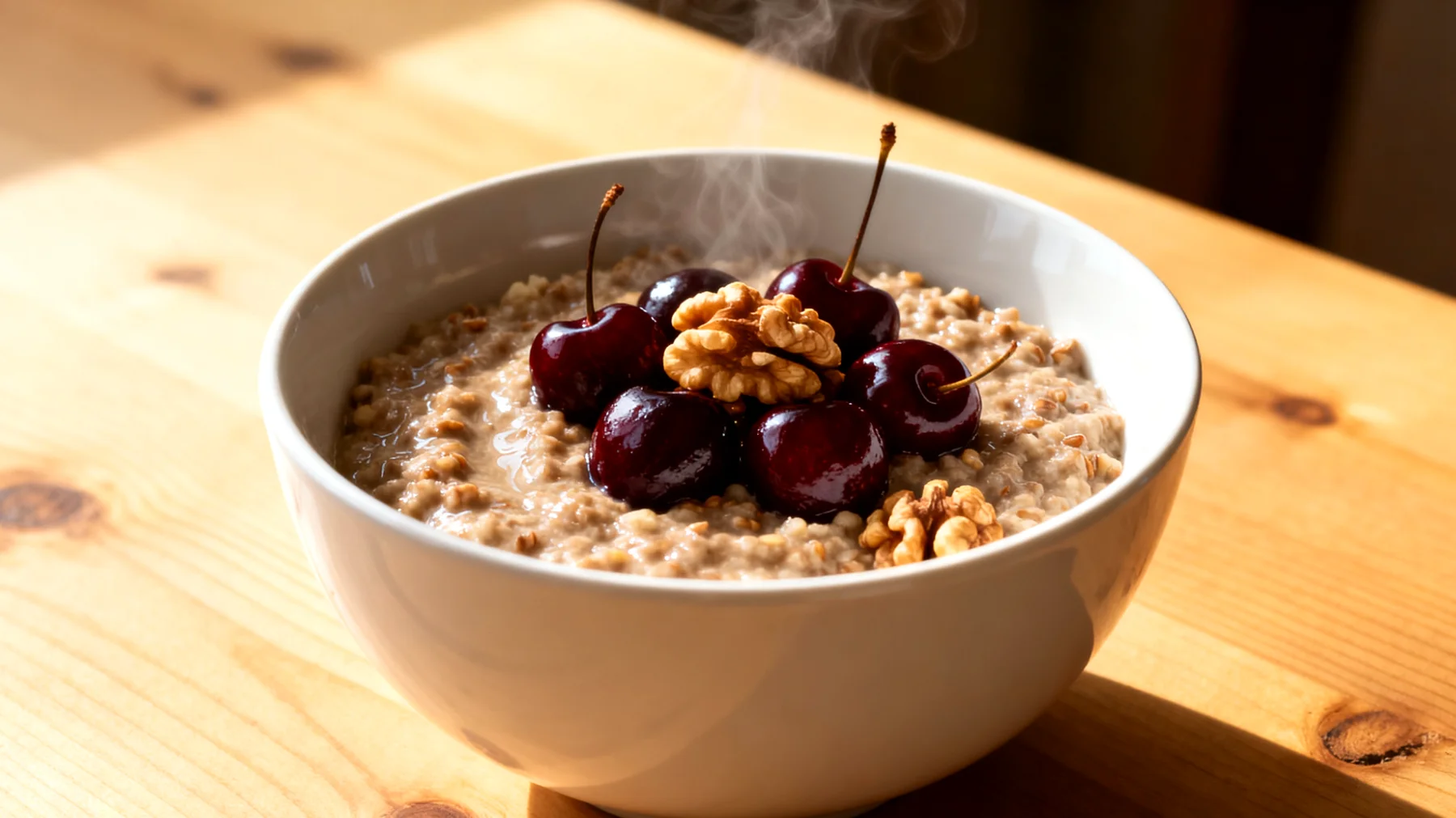 Buchweizen-Bananen-Porridge mit Sauerkirschen und Walnüssen"