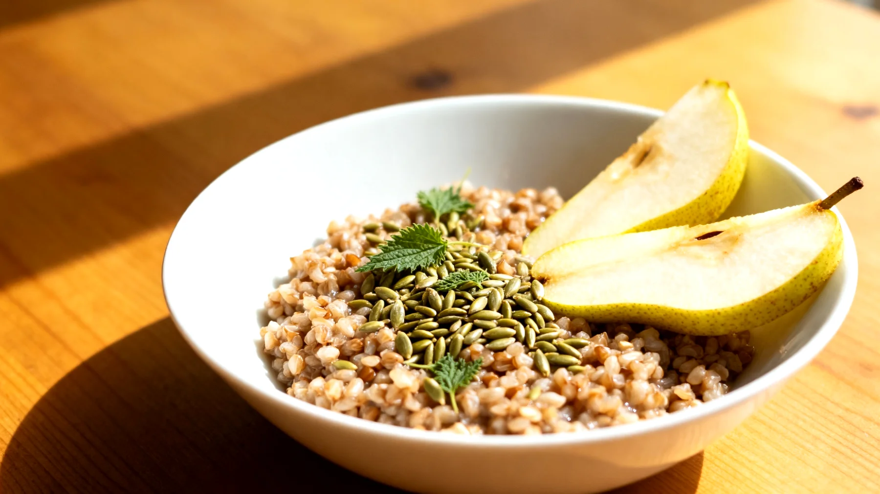 Buchweizen-Porridge mit Brennnesselsamen und Birne"