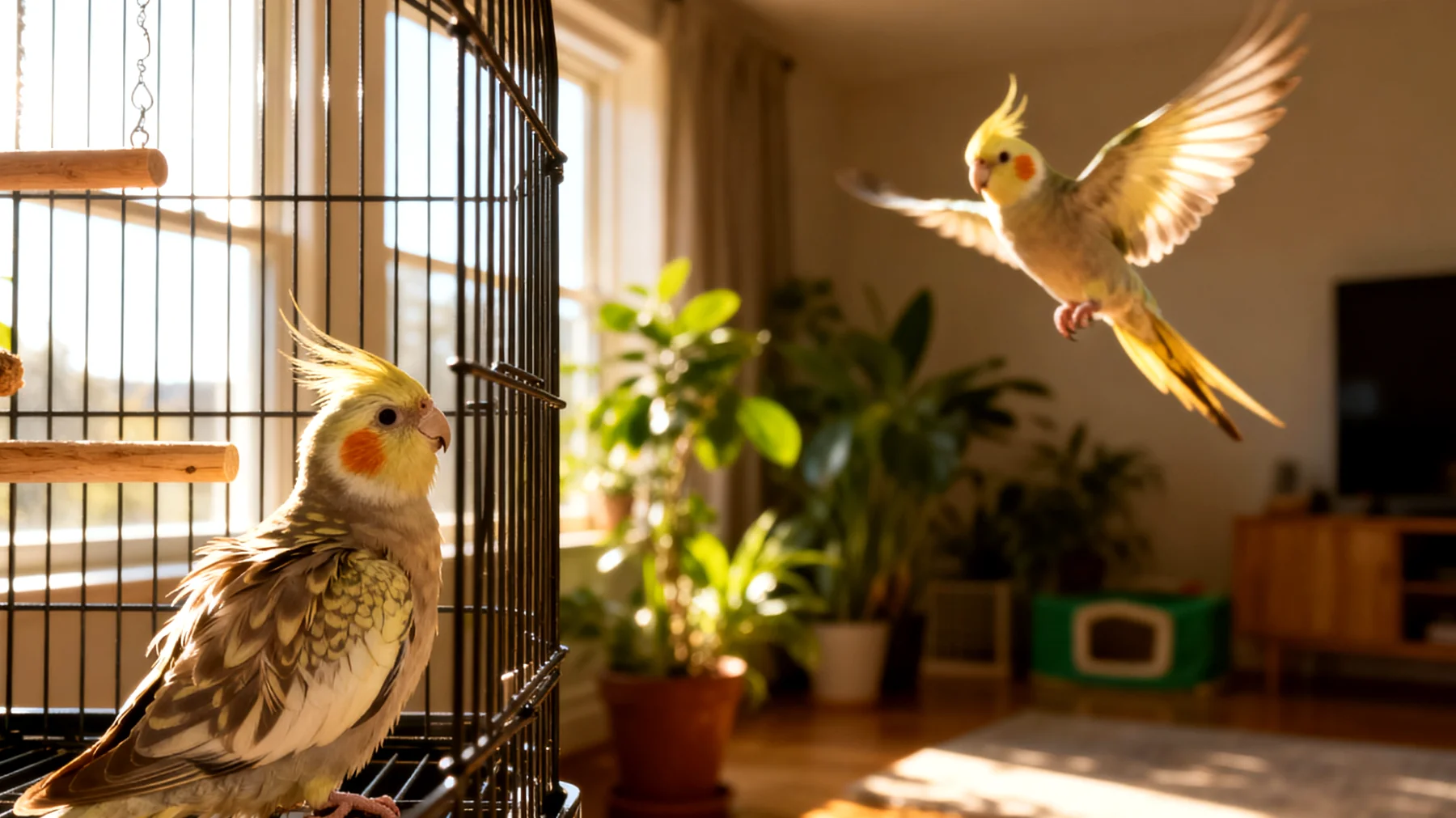 Nymphensittiche brauchen ausreichend Freiflug und sichere Landeplätze in der Wohnung, um ihre natürlichen Flugbedürfnisse zu erfüllen und Verhaltensprobleme wie Federrupfen oder Langeweile zu vermeiden"