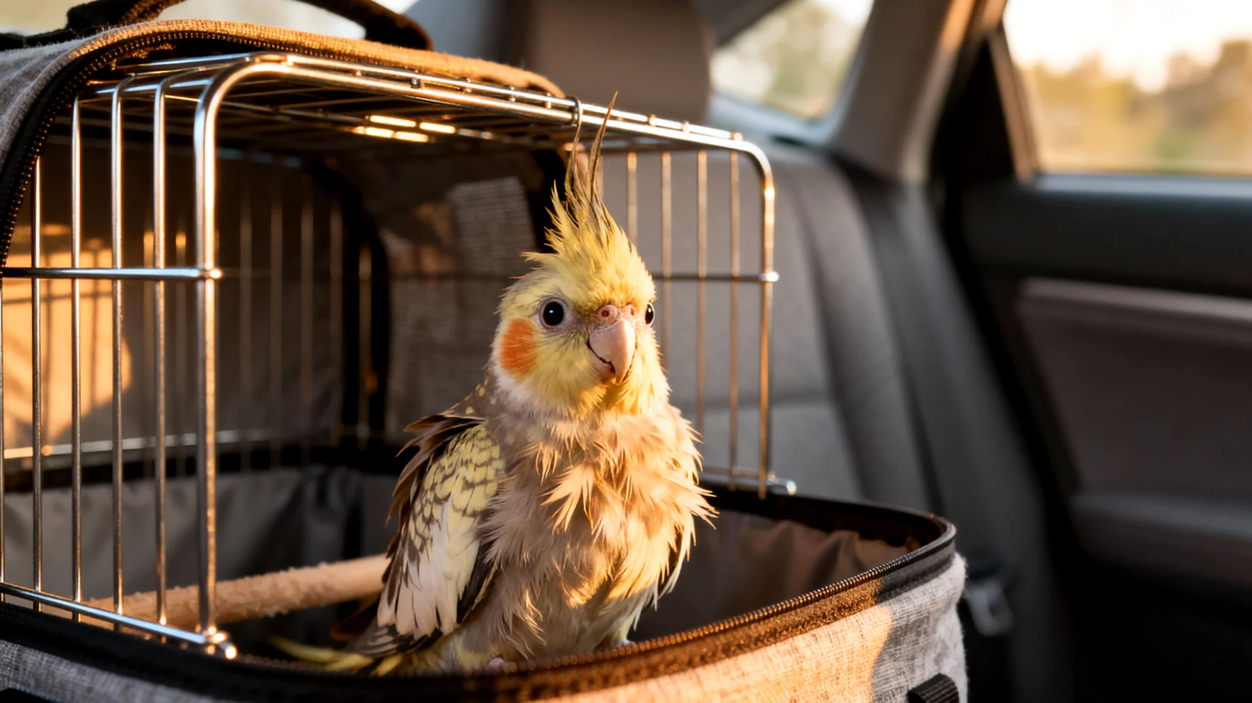 Nymphensittiche leiden während Reisen häufig unter Stress durch ungewohnte Umgebung, Transportkäfig-Enge und Temperaturschwankungen, was zu Federpicken, Appetitlosigkeit und geschwächtem Immunsystem führen kann"