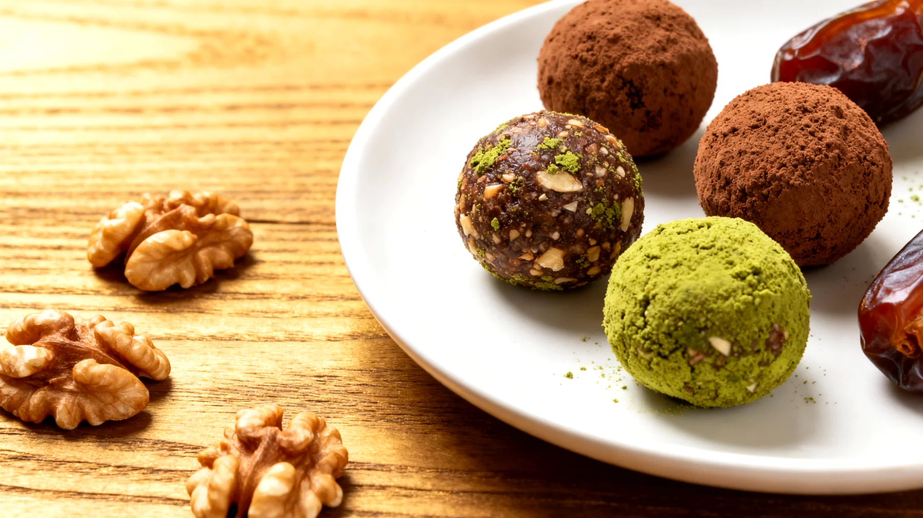 Walnuss-Kakao-Energiekugeln mit Matcha und Datteln"