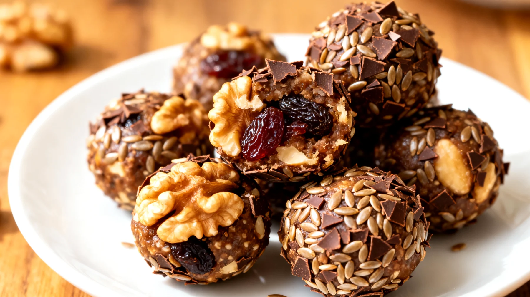 Walnuss-Rosinen-Bällchen mit Kakaonibs und Leinsamen"